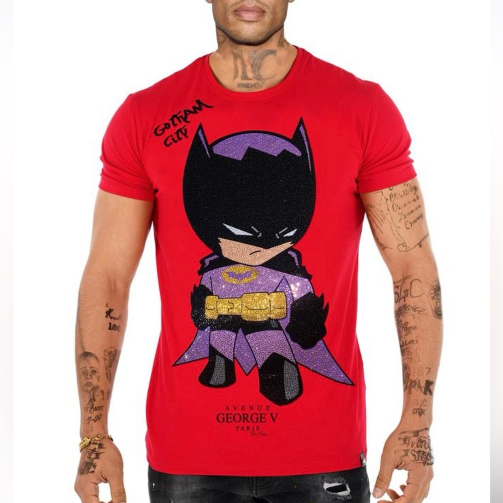 Avenue George V Paris Batman T-Shirt men’s Red fitted tee Crystal Rhinestone